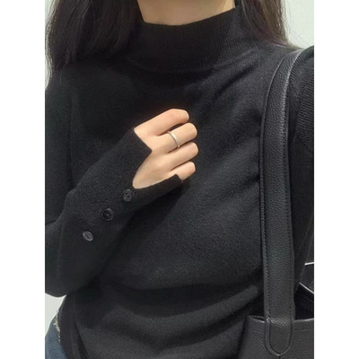黑色半高领毛衣女秋冬季内搭修身感中领针织衫独特别致打底衫