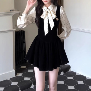富家千金初恋感新款连衣裙高级感小香风穿搭波点假两件收腰小黑裙