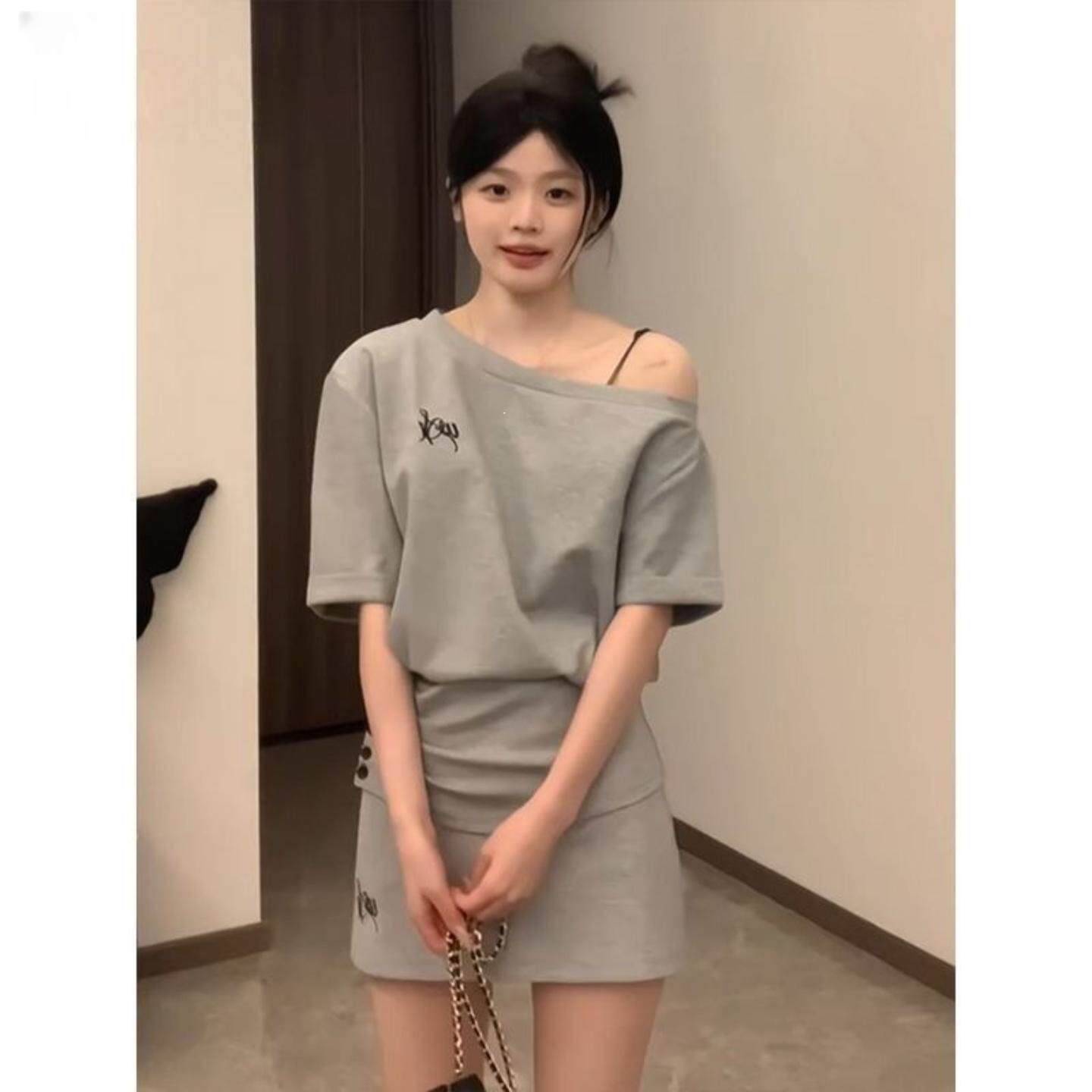 韩系慵懒风休闲运动套装女夏季时尚短款斜肩短袖短裙小个子两件套