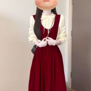 氣質高級感套裝 長裙 春秋法式 韓系穿搭紅色背帶連衣裙子女2025新款
