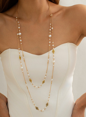 欧美跨境气质仿珍珠叠戴长项链女  复古民族风ins星形流苏毛衣链