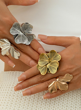 欧美跨境个性复古银杏叶花朵戒指