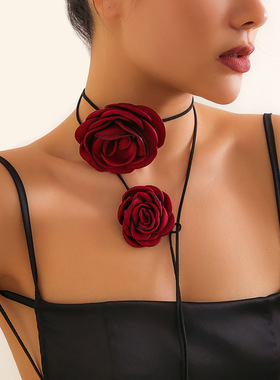 欧美跨境花朵绑带立体玫瑰项圈ch
