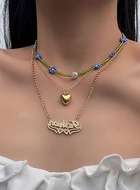 叠戴甜酷复古小雏菊花朵米珠项链