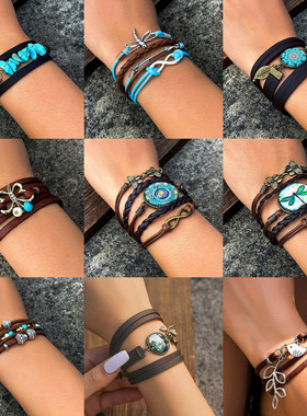 欧美跨境饰品 民族风手工编织碎石手链 复古飞鸟多层缠绕树叶手绳