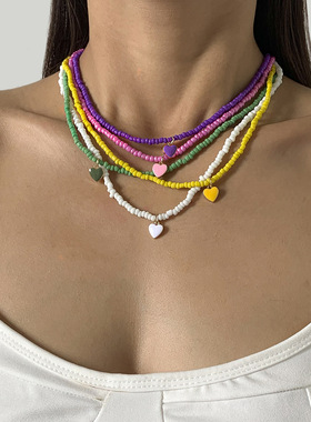欧美复古彩色米珠串珠项链女可叠