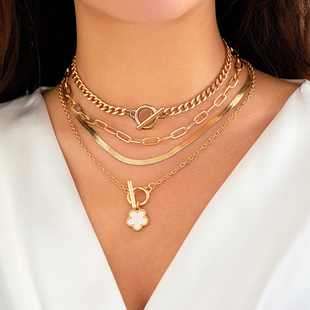 欧美跨境复古金属蛇骨链条五叶草项链套装女嘻哈朋克项饰创意奢华