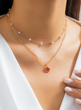 欧美跨境简约仿珍珠串珠花朵项饰