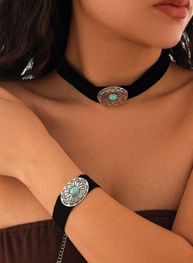 欧美跨境冷淡风仿松石花盘项链ch