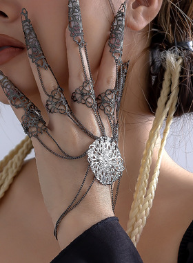 欧美跨境饰品 哥特风金属链条连指手链女 个性锥形流苏指甲手背链