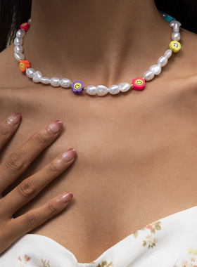 气质简约仿珍珠串珠项链女欧美跨