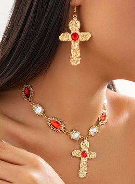 欧美跨境ins轻奢镶钻红宝石十字架吊坠项链 个性液态熔岩金属项饰