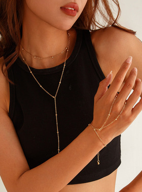 欧美跨境简约几何金属圆珠链条锁骨项链气质多层连指手链项饰套装