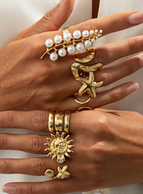 欧美跨境个性不规则海星太阳戒指