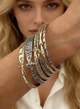 欧美跨境个性复古金属鱼纹符号手