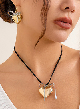 欧美跨境撞色爱心蝴蝶结项链neck