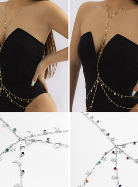 欧美项饰配饰性感星月蝴蝶颈链腰链一体链性感流苏链条身体链女