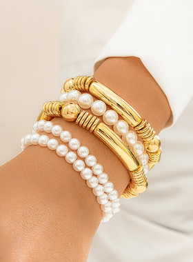 欧美跨境赛博朋克风仿珍珠圆珠叠戴手链套装夸张个性金属弯管手镯