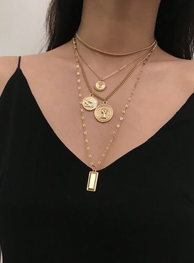 欧美跨境饰品 复古钱币圆牌创意浮雕项饰女 简约多层几何百搭项链