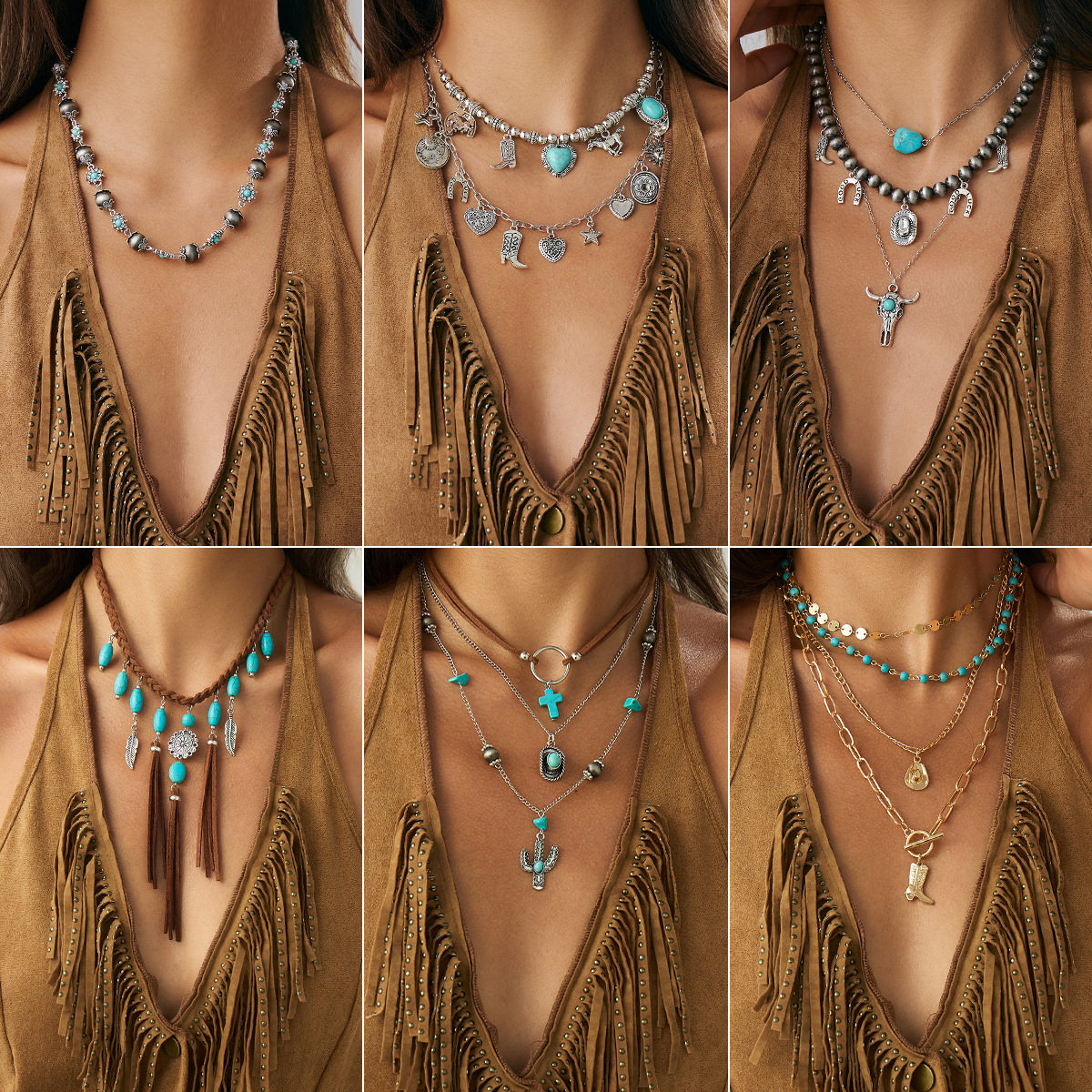 欧美跨境复古仿松石花盘牛头吊坠项链 ins民族风爱心绒布串珠项饰