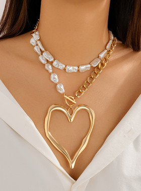 欧美风甜酷夸张大爱心项链necklace金属链条双层巴洛克仿珍珠项饰