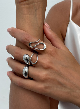 欧美跨境冷淡风金属光面水滴开口戒指Rings 设计感不规则指环套装