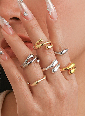 欧美跨境ins液态熔岩金属弯曲戒