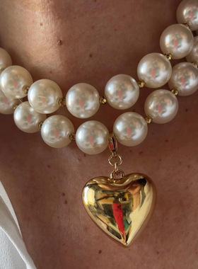 欧美跨境个性时尚赛博风多层圆珠桃心项饰气质可拆卸大爱心形项链