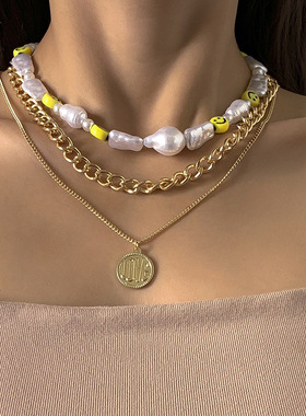 复古巴洛克风仿珍珠笑脸项饰欧美