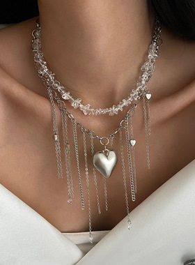 欧美跨境甜酷ins风爱心流苏项链