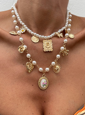 欧美风复古巴洛克仿珍珠花朵项链