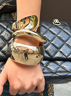 欧美跨境夸张ins金属光面弹簧手镯女 朋克不规则开口手环Bracelet