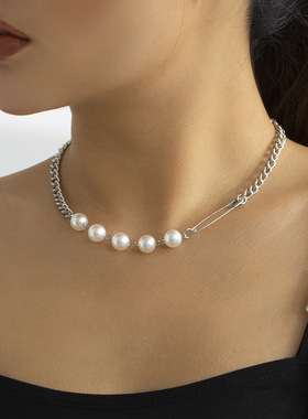 欧美跨境饰品 时尚甜酷风回形针链条项链 个性复古仿珍珠金属项饰