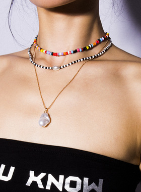 欧美跨境饰品个性混色串珠米珠项