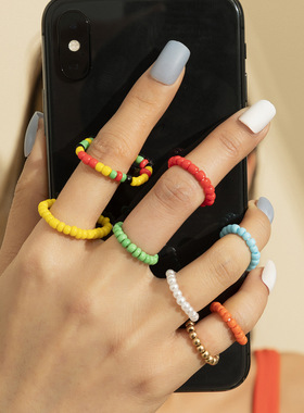 沙滩度假风彩色米珠戒指套装女欧