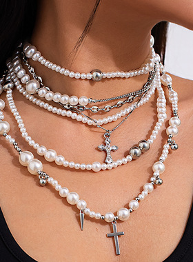 欧美跨境复古仿珍珠串珠项链chok