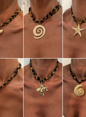 欧美跨境海洋风海螺海星吊坠项链 性感豹纹棉布花朵爱心锁骨项饰