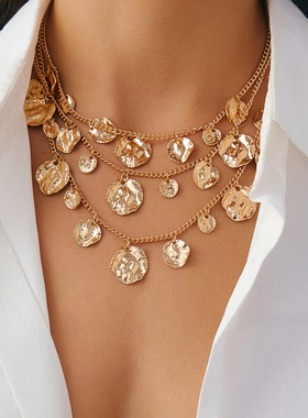 欧美跨境嘻哈ins褶皱圆片吊坠项