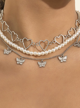 欧美跨境饰品气质简约蝴蝶桃心锁