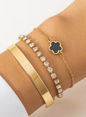 欧美跨境嘻哈朋克水钻链条五叶草手链 简约几何光面手镯Bracelet