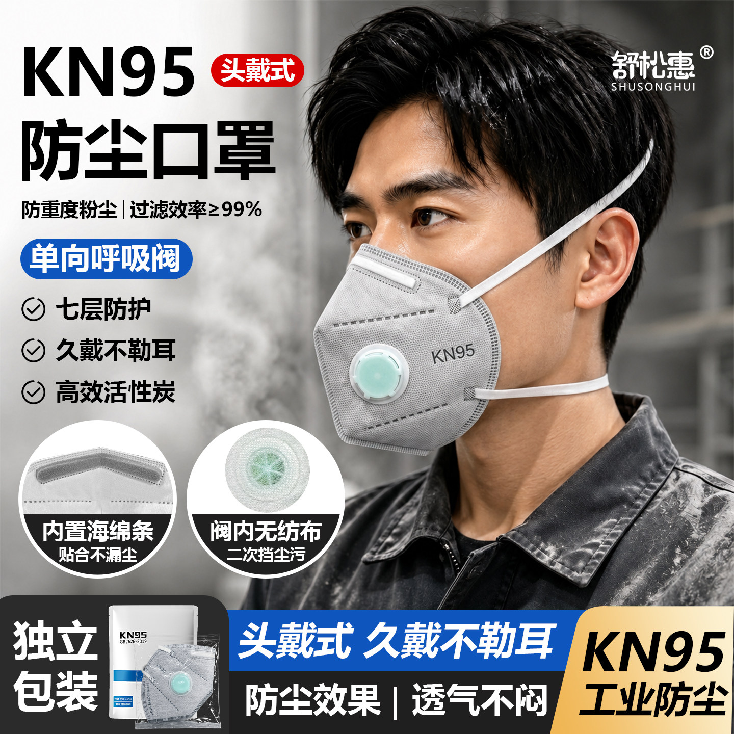 头戴式kn95口罩7层活性炭防尘防重度工业粉尘n95防甲醛电焊打磨灰