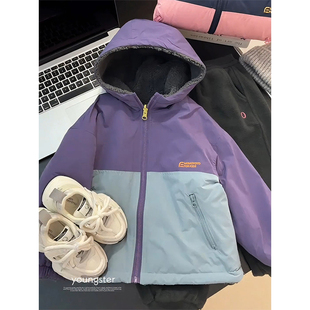 女童秋冬季 连帽上衣中大童加绒加厚保暖冲锋衣潮 外套儿童2025新款
