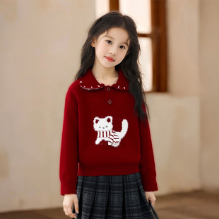 女童韩版毛衣2025冬季新款保暖新年甜美猫咪刺绣印花红色加厚上衣