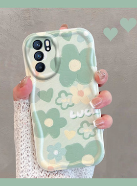 适用于opporeno6手机壳0pp0reno6pro5g小清新peqm00绿色pepm00花朵新款女opopreno65g全包防摔opporeon六软壳