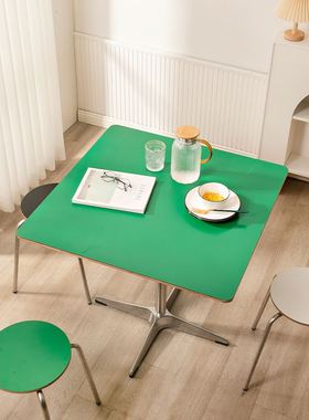 北欧餐桌中古绿色不锈钢圆桌风现代简约实木多层会议洽谈桌子