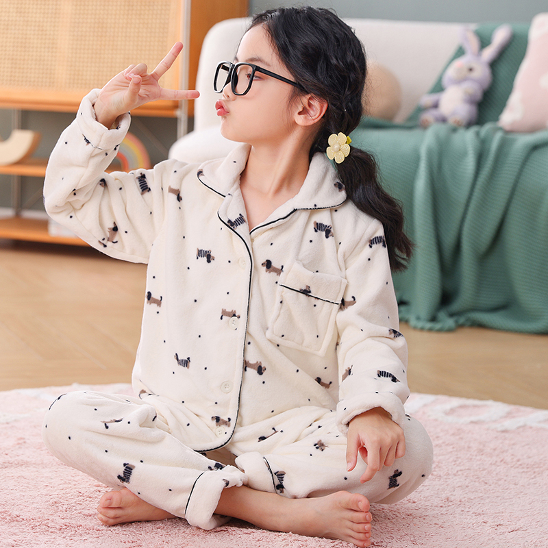 儿童海岛绒睡衣女童秋冬Kitty猫保暖德绒加绒加厚女孩大童家居服
