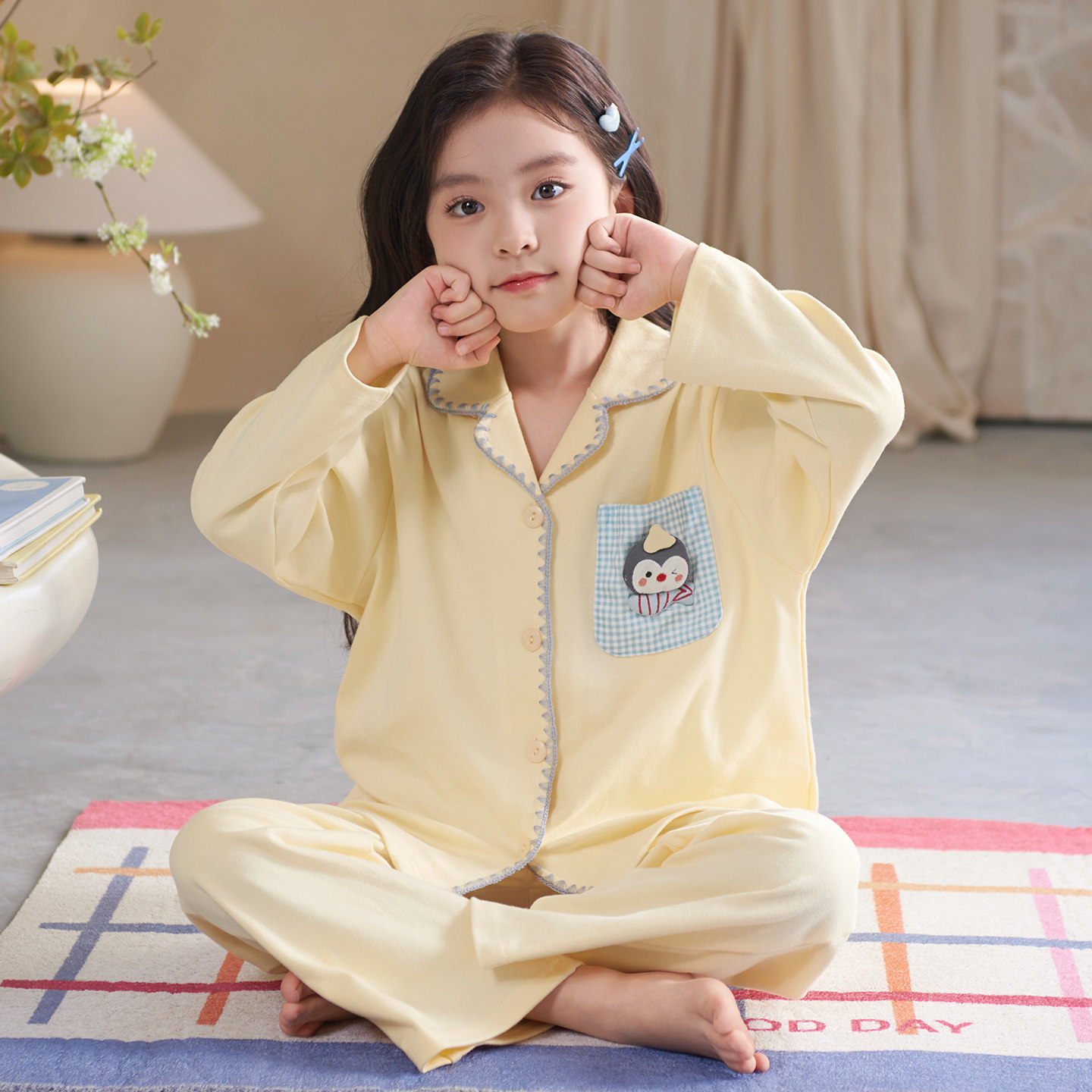 女童纯棉睡衣中大童春秋季薄款长袖开衫家居服小女孩翻领亲子套装