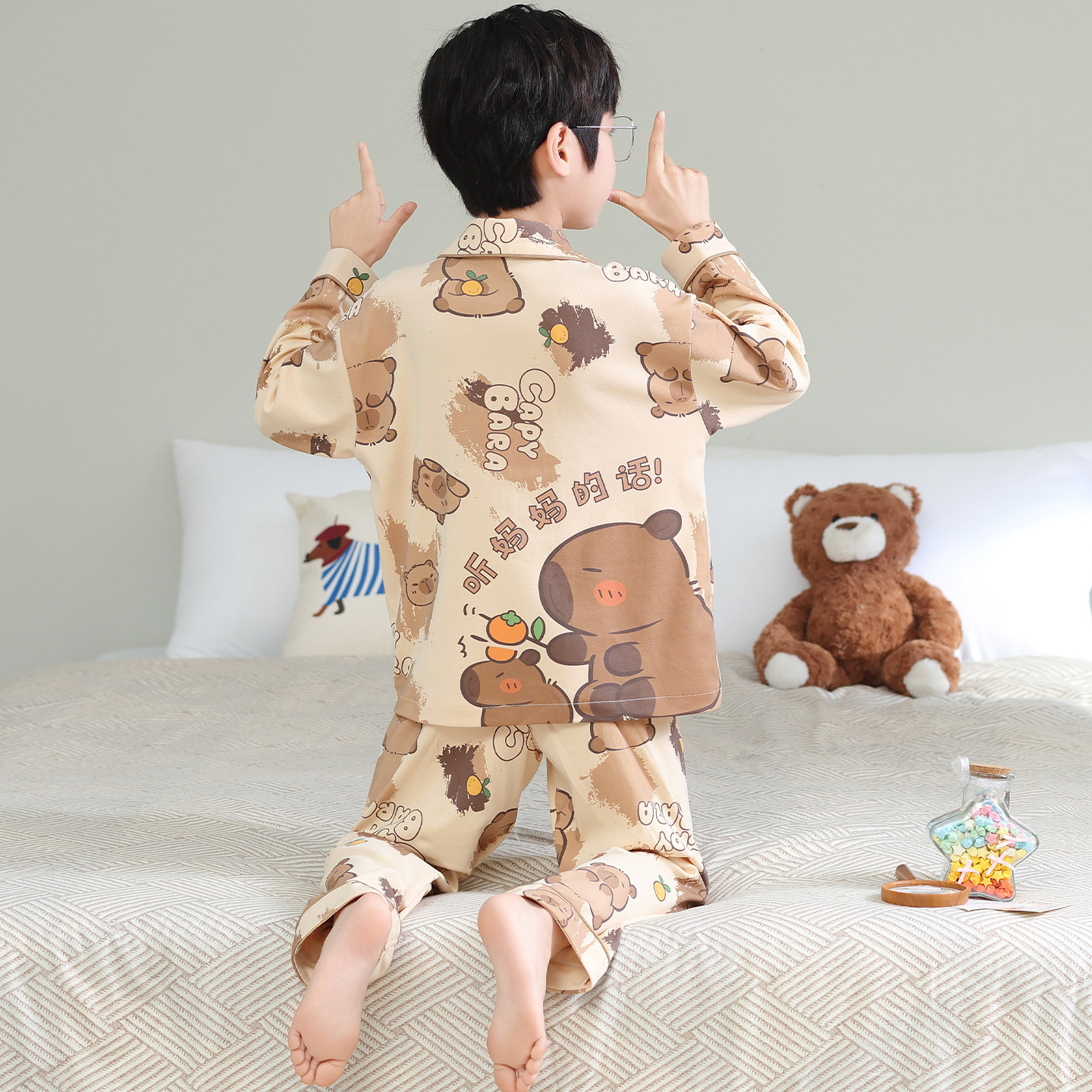 儿童睡衣男童纯棉长袖萌卡通春秋季新款男孩中大童全棉家居服套装