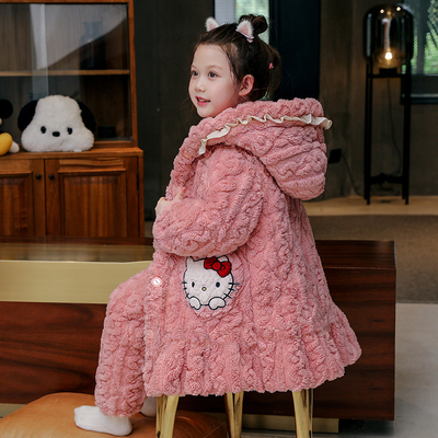 女童睡衣冬季三层夹棉加绒加厚儿童家居服冬款女孩珊瑚绒2025新款
