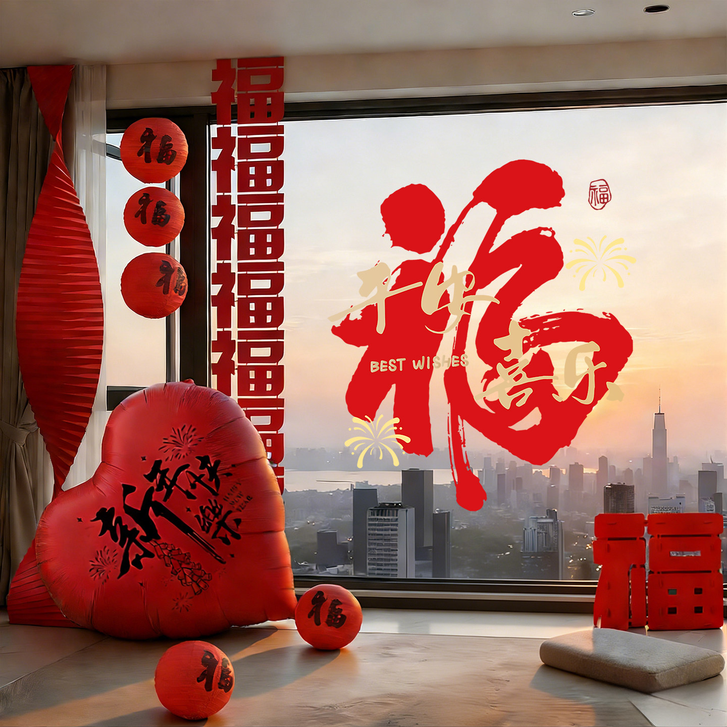 乔迁之喜窗花福字贴2026装饰布置窗贴新款乔迁窗户静电玻璃门贴纸